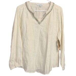 NWT Calligraphie Linen Blend Beaded Blouse Medium Ivory Boho Top